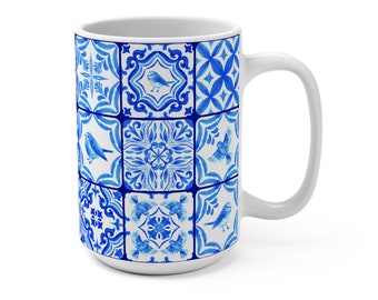 Mediterranean Aesthetic Mug 15oz Blue Tile Mug Large Size Italian Blue Tile Aesthetic Gift Ideas for Her Mediterranean Mug Turkish Mug Large