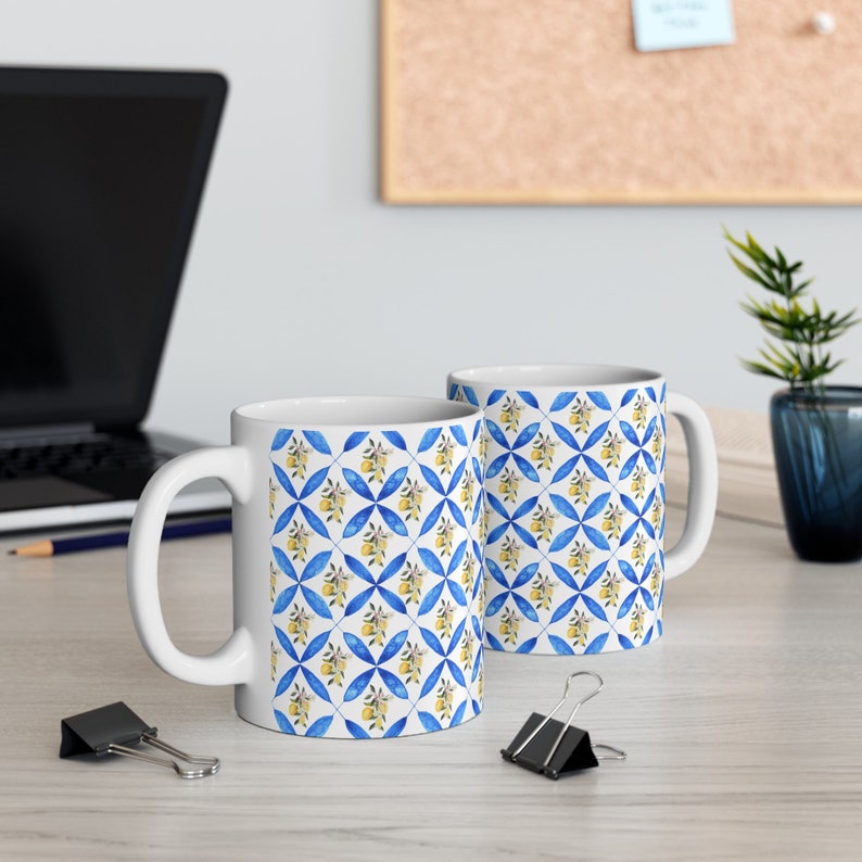 This is Ceramic 11oz mug with a design of Mediterranean blue tile and lemon which gives you the sense of Italian vibe. This is a trendy coffee mug because of the Italian design & style. This Cute coffee mug is a perfect gift for your loved ones.