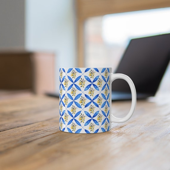 Mediterranean Mug with Sicilian Blue Tile and Lemon Design Vintage Aesthetic Coffee Cup for Coastal Kitchen, Coastal Coffee Mug for Gift