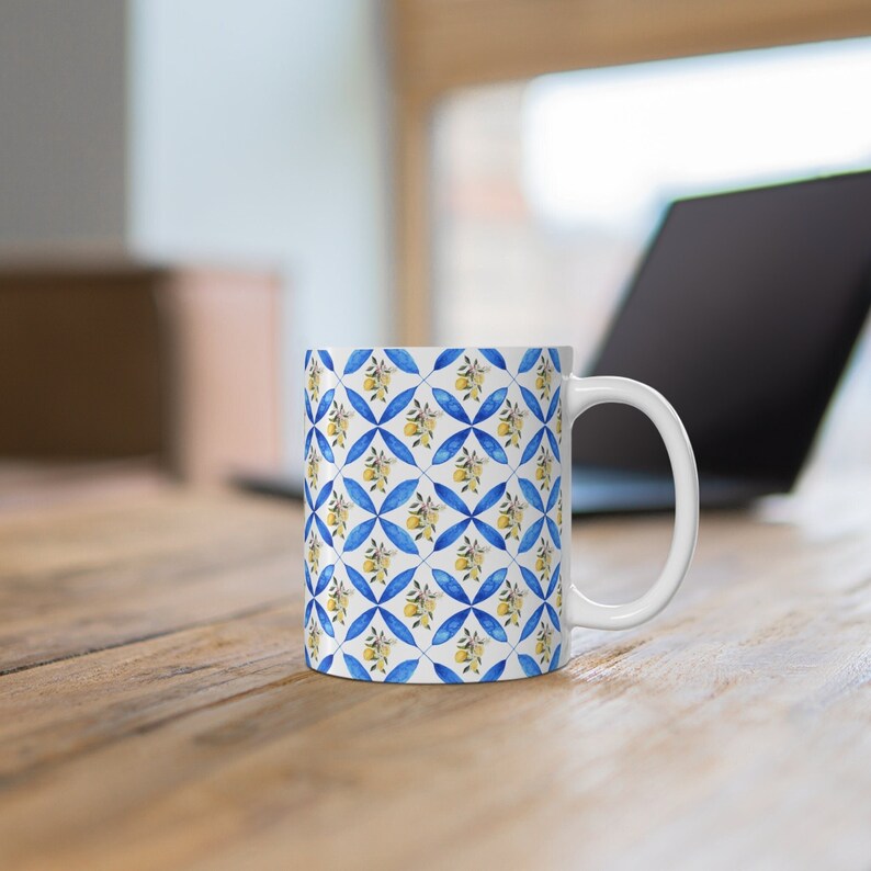 This is Ceramic 11oz mug with a design of Mediterranean blue tile and lemon which gives you the sense of Italian vibe. This is a trendy coffee mug because of the Italian design & style. This Cute coffee mug is a perfect gift for your loved ones.