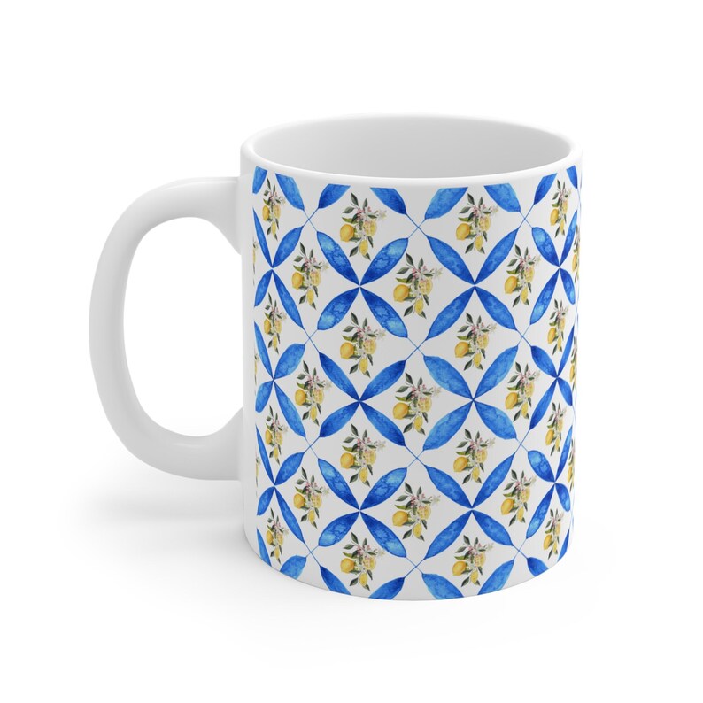 This is Ceramic 11oz mug with a design of Mediterranean blue tile and lemon which gives you the sense of Italian vibe. This is a trendy coffee mug because of the Italian design & style. This Cute coffee mug is a perfect gift for your loved ones.
