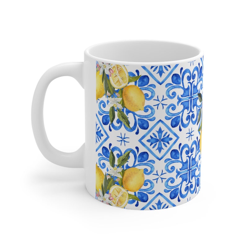 Vibrant Mediterranean Blue Tile & Lemon Mug Unique Ceramic Coffee Cup for Gifts Italian Coastal Kitchen Decor, Trendy Mediterranean Mug image 3