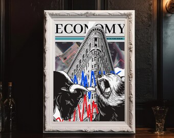 Limited Edition Wall Street Bull and Bear Market Poster Retro Surrealism with Stock Market Aesthetic Art for Traders and Investors Gifts