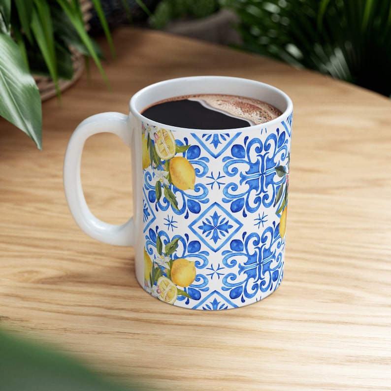 Vibrant Mediterranean Blue Tile & Lemon Mug Unique Ceramic Coffee Cup for Gifts Italian Coastal Kitchen Decor, Trendy Mediterranean Mug image 2