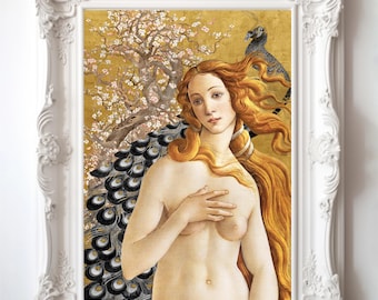 Limited Edition Goddess Poster Printed Modern Surrealism with Peacock Motif & Japanese Floral Altered Art Eclectic Vintage Wall Decor