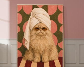 Funny Persian Cat Spa Day Wall Art | Cute Cat Bathroom Print | Whimsical Pet Portrait | Cat Mom Gift | Maximalist Animal Decor