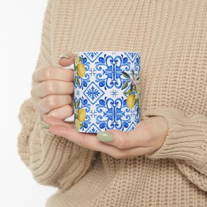 Vibrant Mediterranean Blue Tile & Lemon Mug Unique Ceramic Coffee Cup for Gifts Italian Coastal Kitchen Decor, Trendy Mediterranean Mug image 7