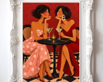 Glamorous Martini Girls Wall Art | Vintage Italian Bistro Print | Pink Red Dress Cocktail Poster | Dolce Vita Hollywood Bar Decor