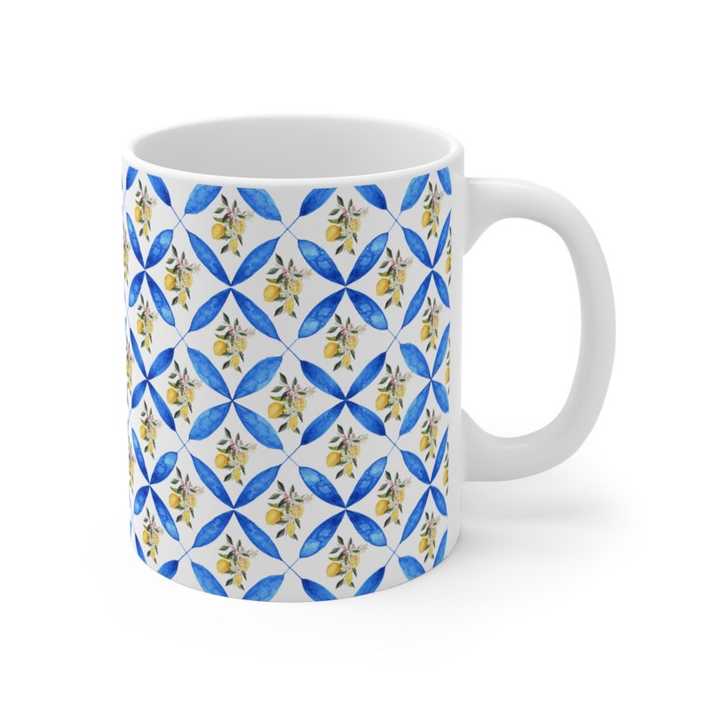 This is Ceramic 11oz mug with a design of Mediterranean blue tile and lemon which gives you the sense of Italian vibe. This is a trendy coffee mug because of the Italian design & style. This Cute coffee mug is a perfect gift for your loved ones.