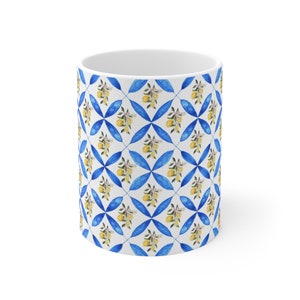 This is Ceramic 11oz mug with a design of Mediterranean blue tile and lemon which gives you the sense of Italian vibe. This is a trendy coffee mug because of the Italian design & style. This Cute coffee mug is a perfect gift for your loved ones.
