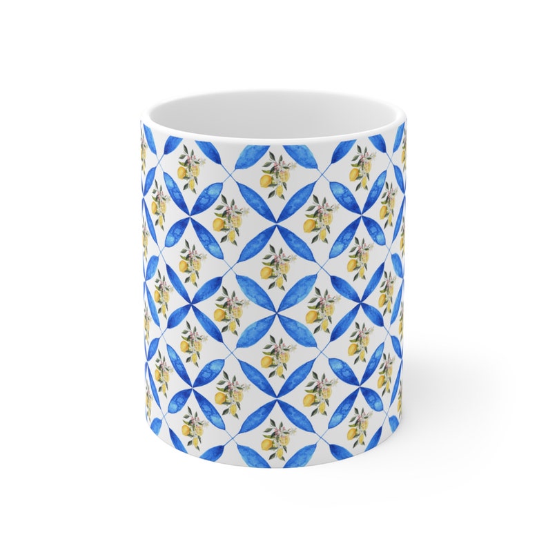 This is Ceramic 11oz mug with a design of Mediterranean blue tile and lemon which gives you the sense of Italian vibe. This is a trendy coffee mug because of the Italian design & style. This Cute coffee mug is a perfect gift for your loved ones.
