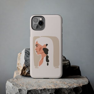 Eigentijds iPhone-hoesje voor het portret van de vrouw | Glanzend iPhone-hoesje iPhone-hoesje voor vrouwen Dubbel gelaagd iPhone-hoesje Cadeau voor haar Beige iPhone-hoesje afbeelding 2