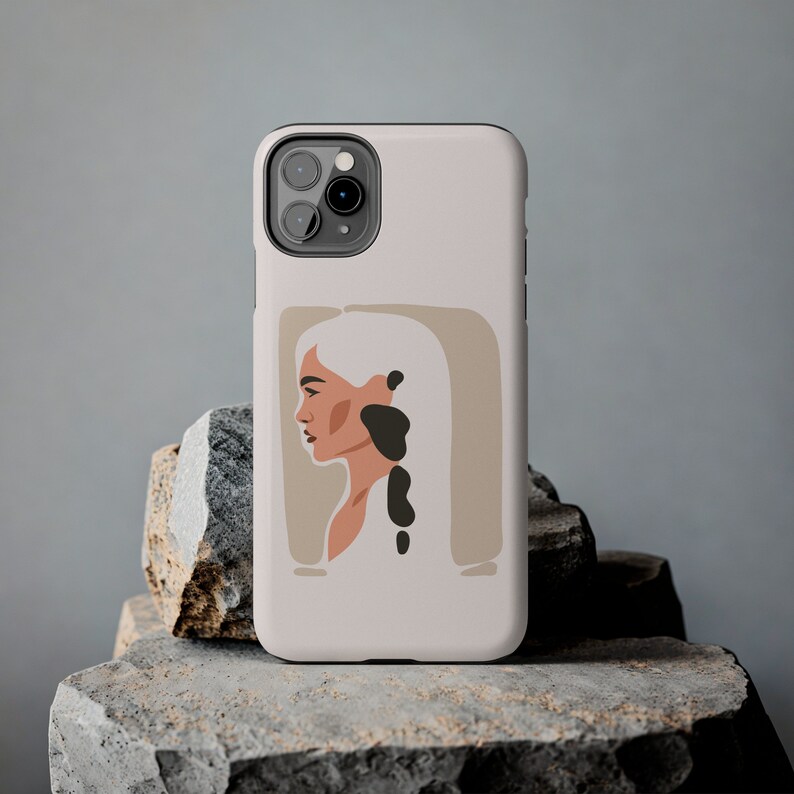 Eigentijds iPhone-hoesje voor het portret van de vrouw | Glanzend iPhone-hoesje iPhone-hoesje voor vrouwen Dubbel gelaagd iPhone-hoesje Cadeau voor haar Beige iPhone-hoesje afbeelding 2