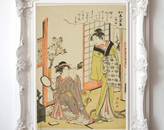 Japanese Ukiyo-e Wall Art | Vintage Geisha Woodblock Print | Kiyonaga Japandi Poster | Asian Maximalist Decor for Eclectic Home