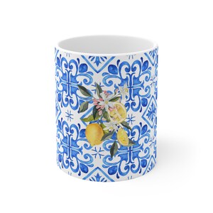 Vibrant Mediterranean Blue Tile & Lemon Mug Unique Ceramic Coffee Cup for Gifts Italian Coastal Kitchen Decor, Trendy Mediterranean Mug image 4
