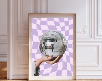 Funky Disco Ball Poster, gedrucktes Retro-Vintage-Poster, Disco Vibes, Spiegelkugel, Disco-Wandkunst, Retro-Design, trendige Wandkunst in Schwarz und Weiß