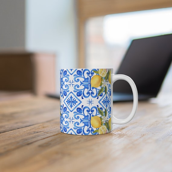 Vibrant Mediterranean Blue Tile & Lemon Mug Unique Ceramic Coffee Cup for Gifts Italian Coastal Kitchen Decor, Trendy Mediterranean Mug