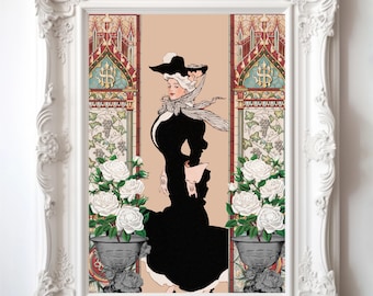 Vintage Lady Silhouette Poster Printed Art Nouveau Floral Wall Art Vintage Maximalist Home Decor Elegant Gift for Vintage Lovers Poster