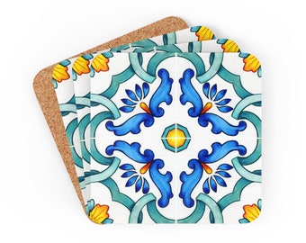 Zestaw czterech podstawek śródziemnomorskich | Zestaw podstawek Corkwood Mediterranean Home Decor Timeless Decor Zestaw podstawek pod napoje Mediterranean Kitchen