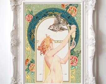 Vintage Goddess Wall Art Maximalist Floral Poster for Home Decor Retro Aesthetic Art Print Perfect Gift for Art Nouveau Lovers Poster Print