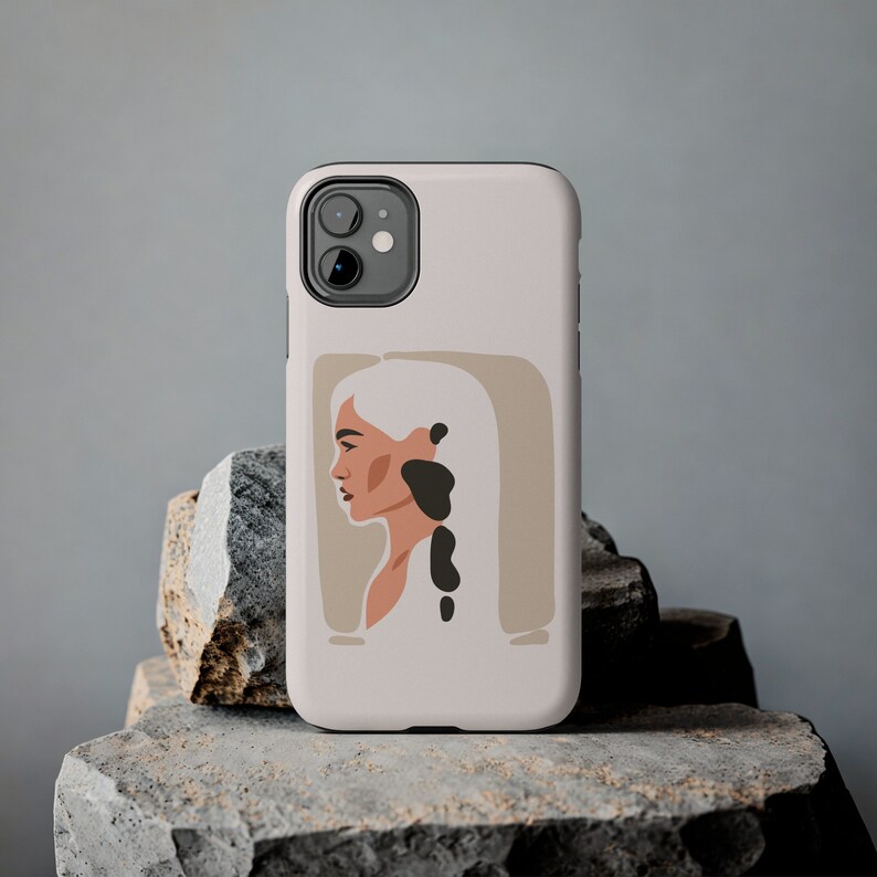 Eigentijds iPhone-hoesje voor het portret van de vrouw | Glanzend iPhone-hoesje iPhone-hoesje voor vrouwen Dubbel gelaagd iPhone-hoesje Cadeau voor haar Beige iPhone-hoesje afbeelding 6