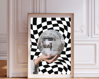 Retro Disco Ball Wall Art Black and White Aesthetic Gift for Her Black and White Home Decor Printed Wall Art for Clubs Room Wall Art Posters