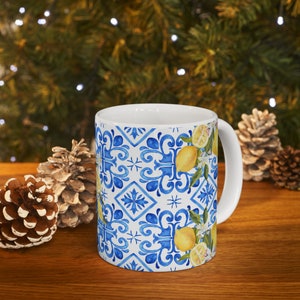 Vibrant Mediterranean Blue Tile & Lemon Mug Unique Ceramic Coffee Cup for Gifts Italian Coastal Kitchen Decor, Trendy Mediterranean Mug image 8