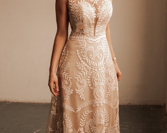 Luxurious A-line Wedding Gown, Custom Lace Wedding Dress, Champagne Bridal Gown, Bridal Gown, Boho A-line Wedding Dress in Champagne