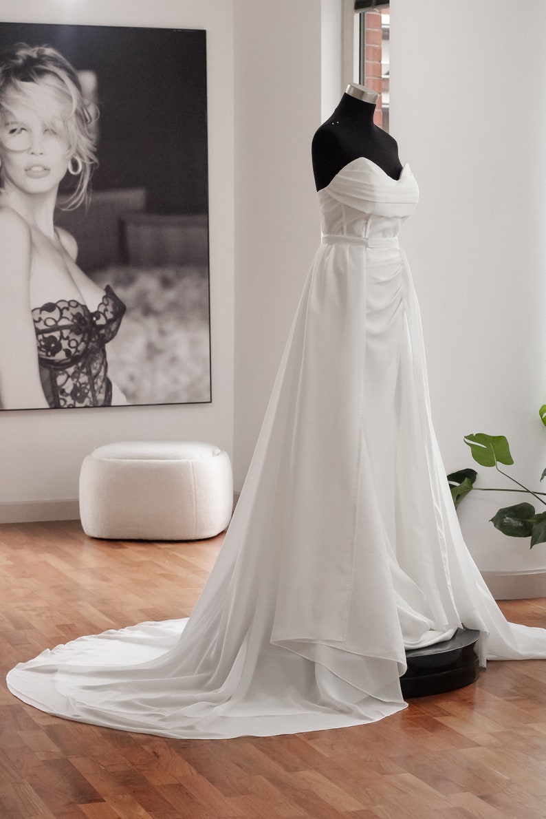 Detachable Chiffon Wedding Overskirt, Bridal Sheer Overskirt, White Chiffon Wedding Skirt. Off-White Sheer Chiffon Overskirt & bridal train image 6