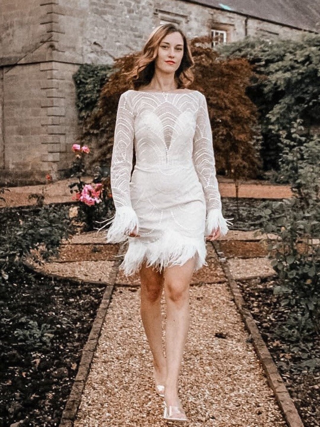 Sample Luxurious Feather Trimmed Wedding Dress, Feathered-trimmed