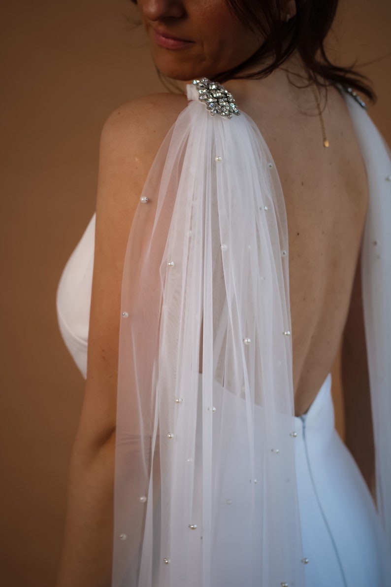 Soft Tulle Pearl Wedding Wings, Pearl Bridal Veil Wings, Soft Tulle Wedding Veil, Off-White Pearl Bridal Veil, Detachable cathedral veil image 1