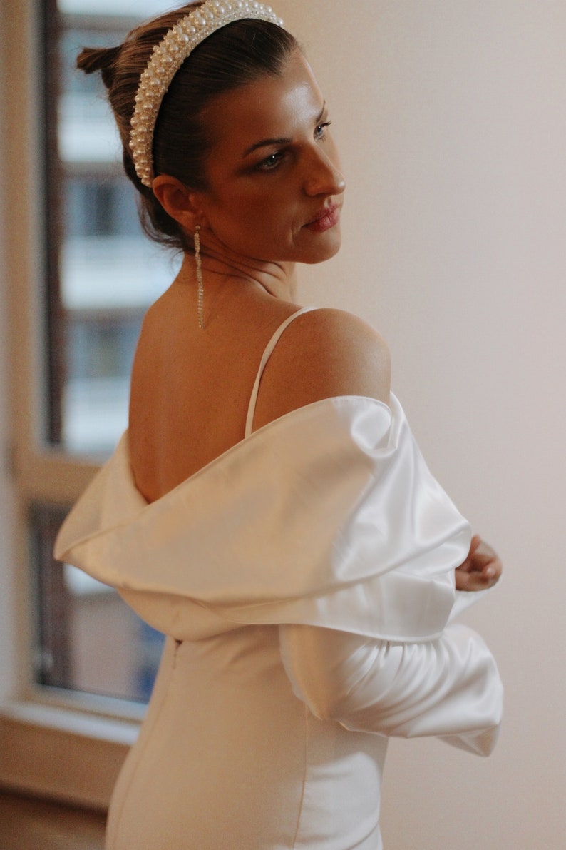 Off the shoulder Bridal Shawl, Satin Bridal Wrap, Off the shoulder wedding bolero, White bridal shawl, Wedding cape, Satin wedding shawl image 2