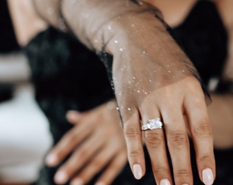 Vingerloze bruidshandschoenen van zwarte glittertule - handgemaakte bruiloftsmouwen