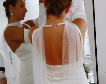 Luxury Tulle Bridal Scarf with Pearls : Elegant Wedding Necktie, Off-White or Ivory Pearl Tulle