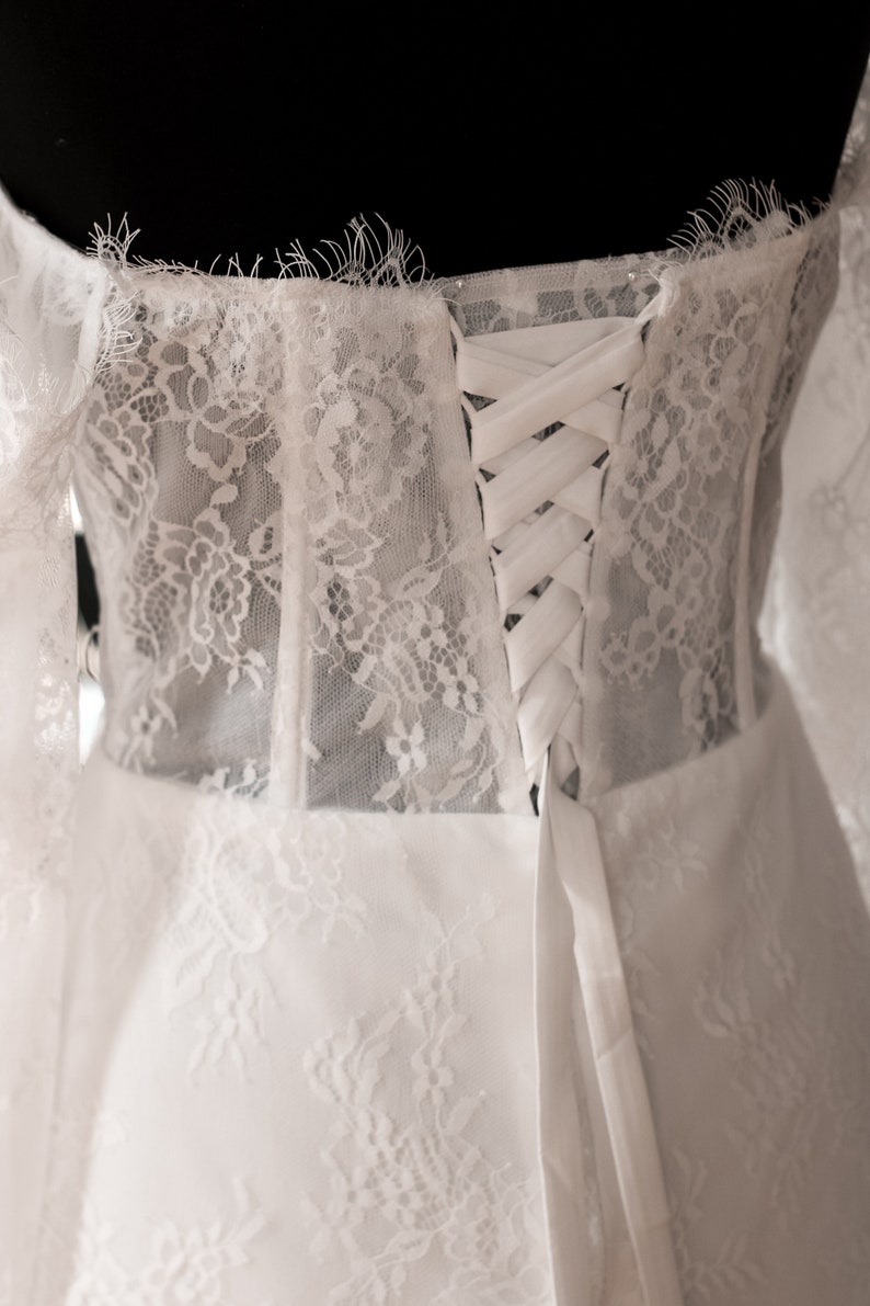 Luxurious French Lace Mini Wedding Dress, Lace Long Sleeve Wedding Mini Dress, Detachable Sleeve Bridal Dress, Luxury Mini Bridal Dress image 10