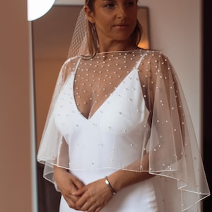 Off the shoulder Pearl Bridal Shawl, Tulle Bridal Wrap, Off the shoulder wedding bolero, White bridal shawl, Wedding cape, pearl shawl cape