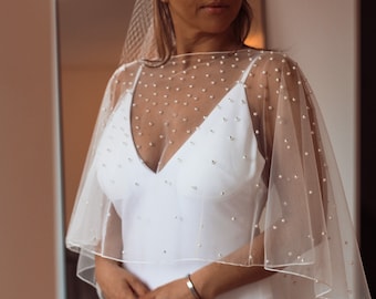 Off the shoulder Pearl Bridal Shawl, Tulle Bridal Wrap, Off the shoulder wedding bolero, White bridal shawl, Wedding cape, pearl shawl cape