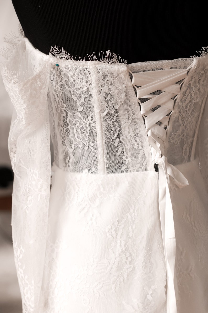 Luxurious French Lace Mini Wedding Dress, Lace Long Sleeve Wedding Mini Dress, Detachable Sleeve Bridal Dress, Luxury Mini Bridal Dress image 7