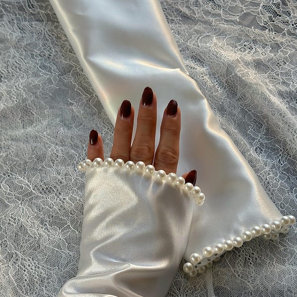 Pearl Satin Detachable Wedding Sleeves: Handmade Bridal Satin Gloves with Pearls