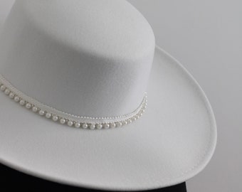 White Pearl Wedding Hat | White Boho Hat| Oversized Boho Bridal Hat | Bohemian Bridal Hat | Boho Luxe Bolero Hat, Bridal Fedora Hat, Wedding