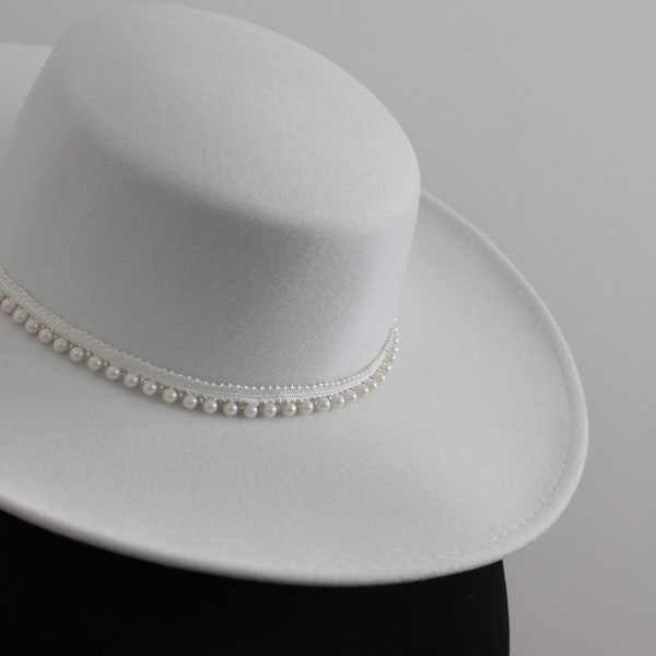 White Pearl Wedding Hat | White Boho Hat| Oversized Boho Bridal Hat | Bohemian Bridal Hat | Boho Luxe Bolero Hat, Bridal Fedora Hat, Wedding