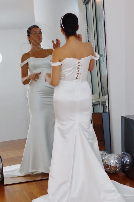 Satin Off-shoulder Wedding Dress: Corset & Train, Vivienne