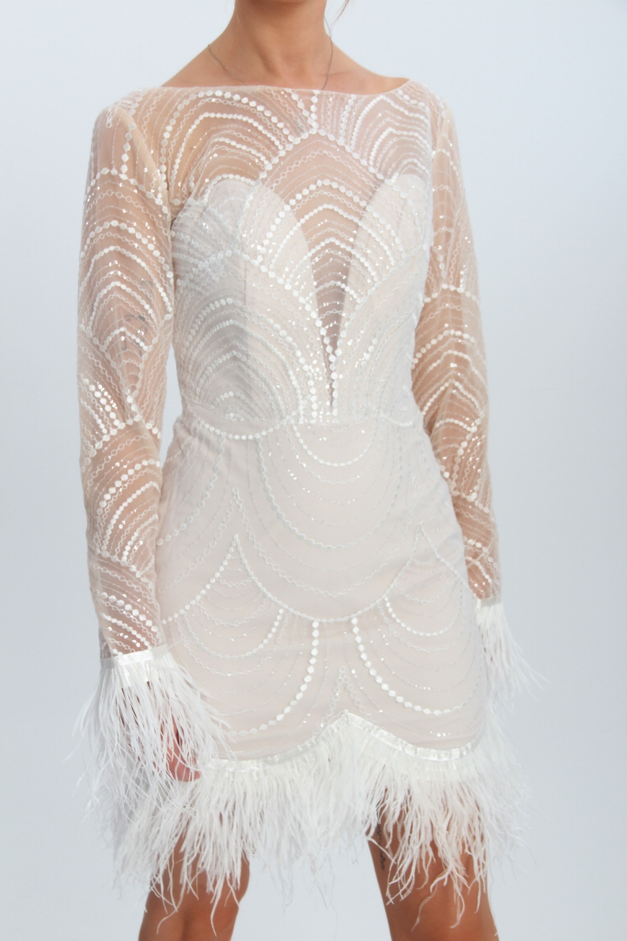 Luxurious Feather Trimmed Wedding Dress, Feathered-trimmed Wedding Mini ...