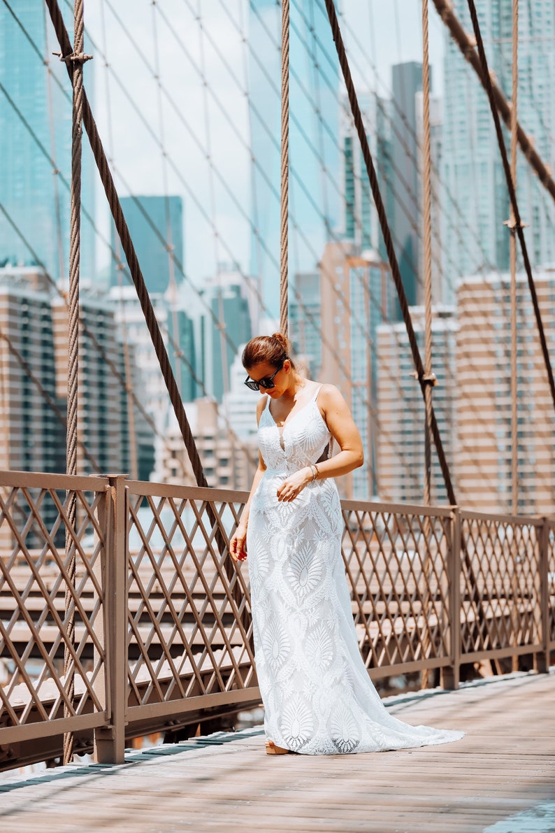 Bohemian Wedding Dress, Bohemian Bridal Gown, Sleeveless Wedding Dress, Champagne Lace Wedding Gown, Modern Bride, Sleeveless dress image 3