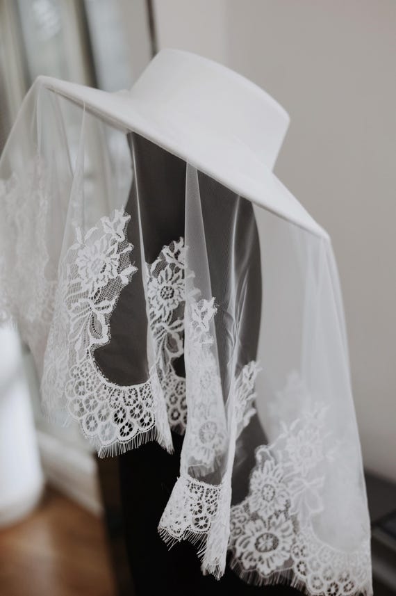 White Veil Wide-Brim Hat with Sheer Tulle Veil Wide elegant wedding hat - Dream cloud bridal hat with veil  main image 2