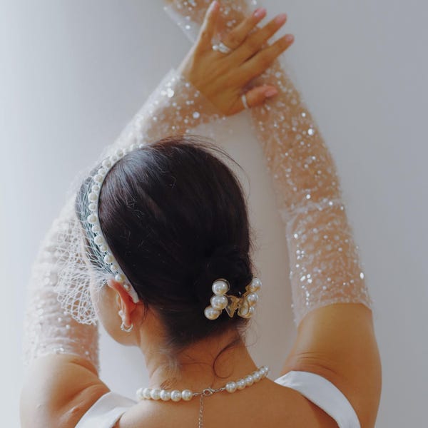 Pearl & Sequin Wedding Sleeves: Sheer Tulle Bridal Gloves