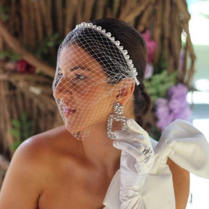Birdcage Wedding Veil, Bridal Birdcage with Pearl Headband, Soft pearl Wedding Veil, Off-White Pearl Veil, Bridal Pearl Birdcage Veil image 1