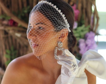 Birdcage Wedding Veil, Bridal Birdcage with Pearl Headband, Soft pearl Wedding Veil, Off-White Pearl Veil, Bridal Pearl Birdcage Veil