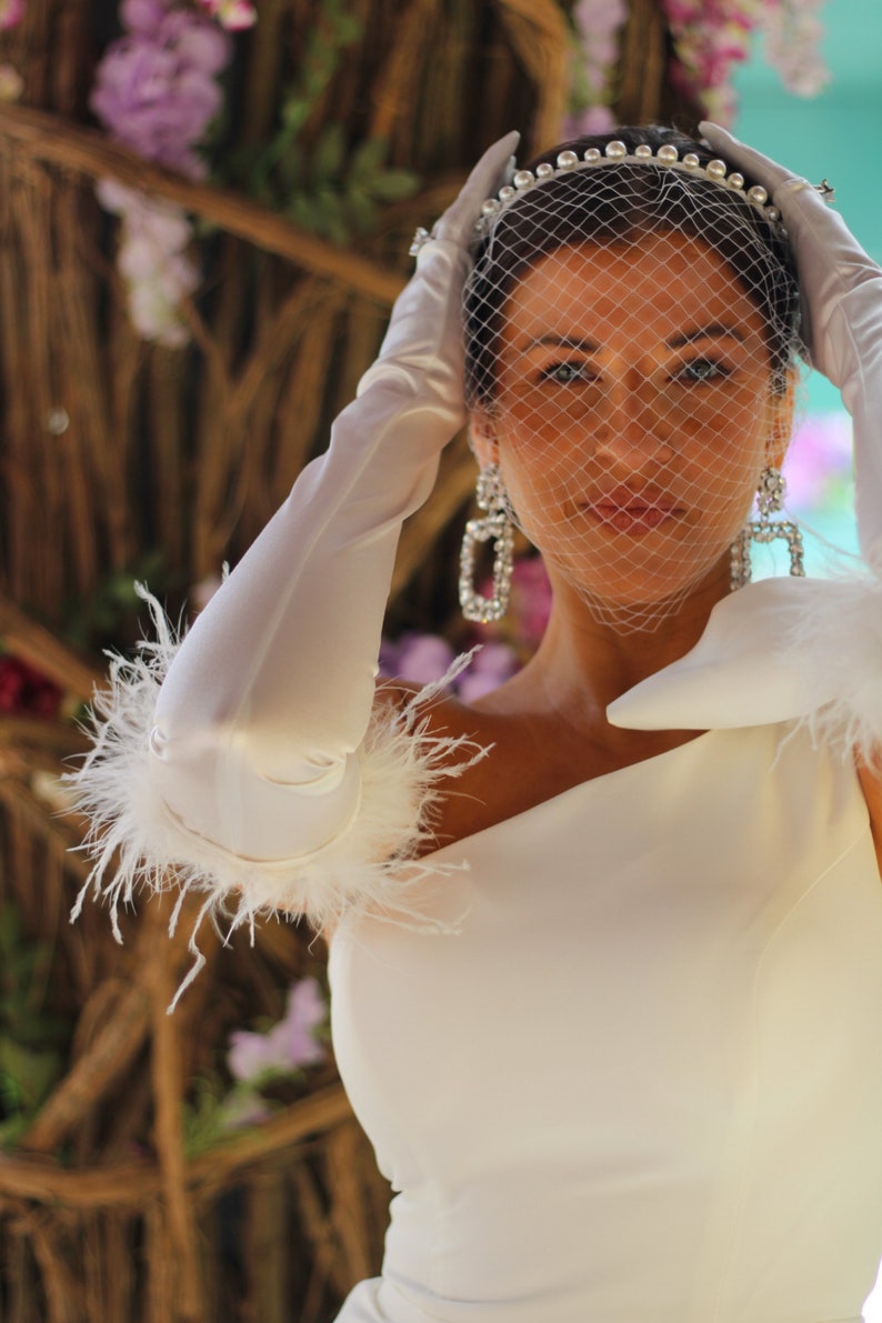 Birdcage Wedding Veil, Bridal Birdcage with Pearl Headband, Soft pearl Wedding Veil, Off-White Pearl Veil, Bridal Pearl Birdcage Veil image 2
