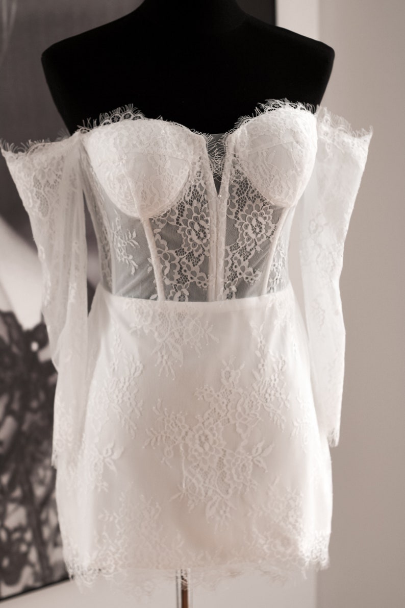 Luxurious French Lace Mini Wedding Dress, Lace Long Sleeve Wedding Mini Dress, Detachable Sleeve Bridal Dress, Luxury Mini Bridal Dress image 3